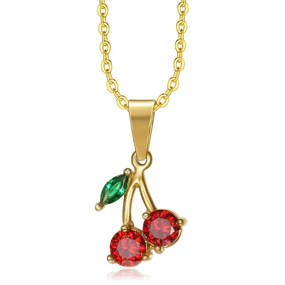 

Olivia Trending Products Women Rhinestone Necklaces Red Cherry Fruit Green Leaf Chain Charm Pendant Necklace Jewelry Gold