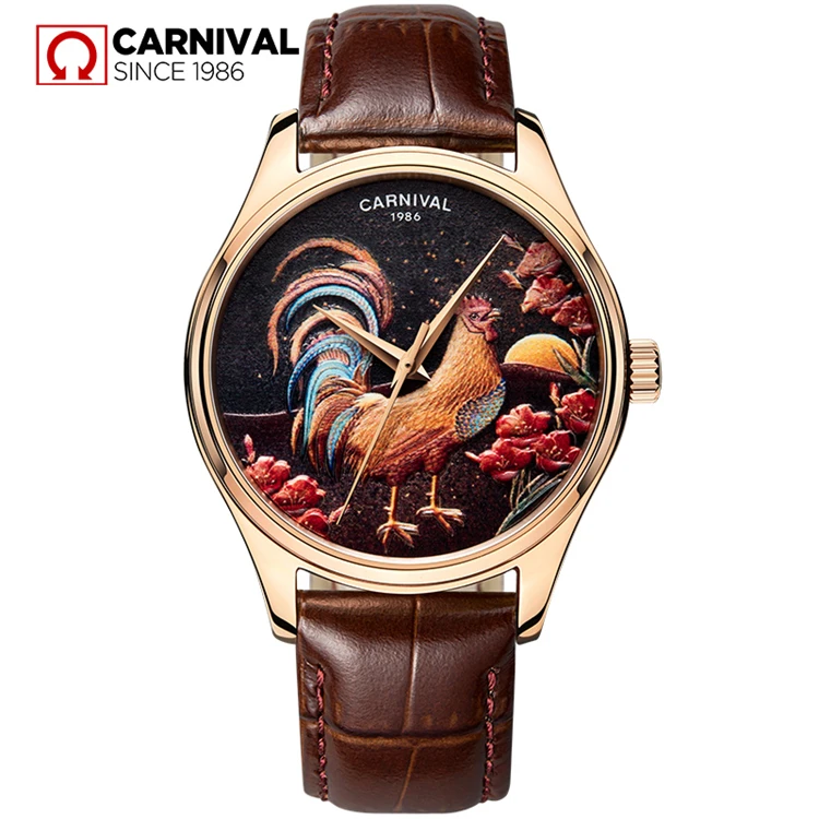 

CARNIVAL 515G Top Brand Luxury Waterproof Automatic Mechanical Watch Noble Rooster Relief Fashion Leather Personalise Men Watch