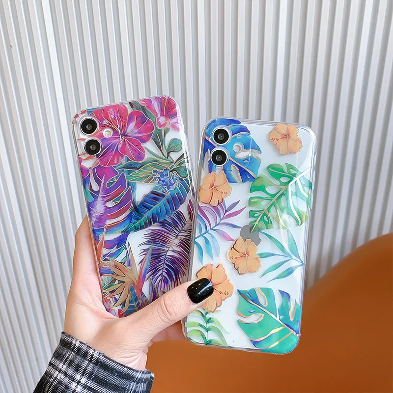 

For iPhone 11 12 Pro Max Cases Luxury Plating Flower Leaves Phone Case For iPhone XR XS Max 7 8 Plus X Back Cover