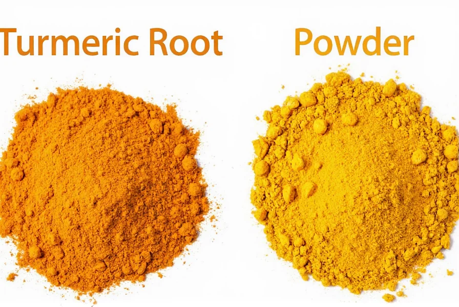 Turmeric root and powder side by side showing natural form versus processed supplement form