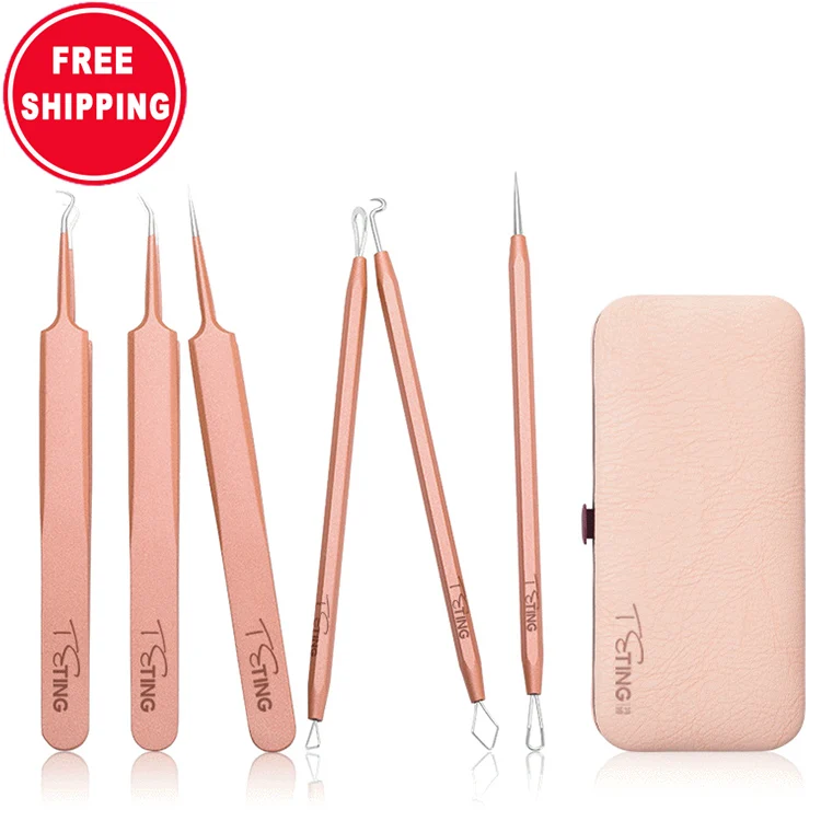 

Stainless steel acne blackhead needle acne squeezing tool 6Pcs Set acne picking clip Pimple Remover Tool Kit, Rose gold