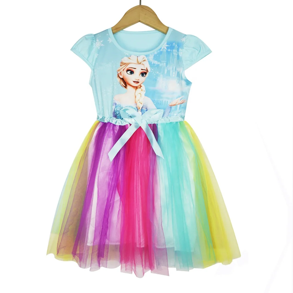 

Anna Elsa cartoon printing rainbow gauze dress kids for 2-10 tulle skirt, Customized color