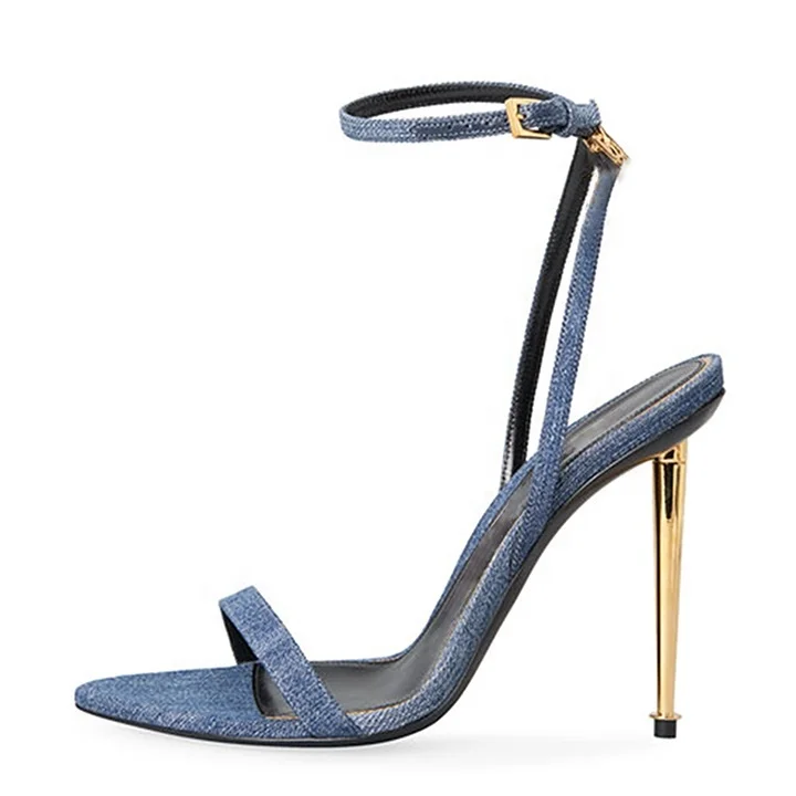 

OEM Ladies Denim Sandals Fashionable Pointed Toe Open Toe Ankle Strap Women Sandals, Blue