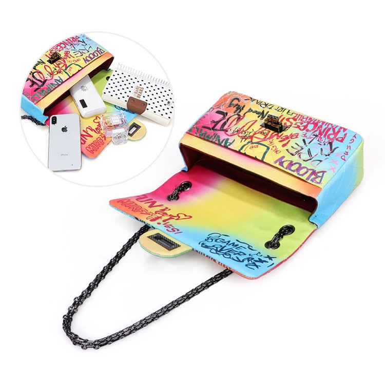 
2020 fashion PU leather ladies crossbody bag new rainbow color shoulder bag graffiti purse Designer women bags handbag 