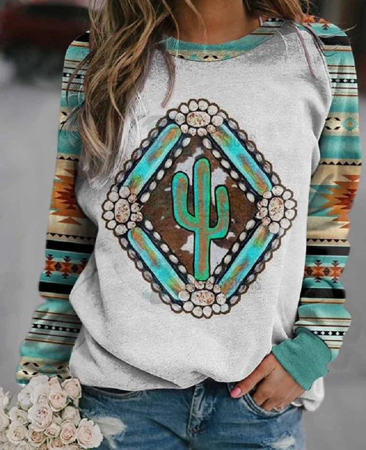 

Free Shipping Fashion New Women Casual Long Sleeve Leaf Cactus Aztec Western Print Shirt Top