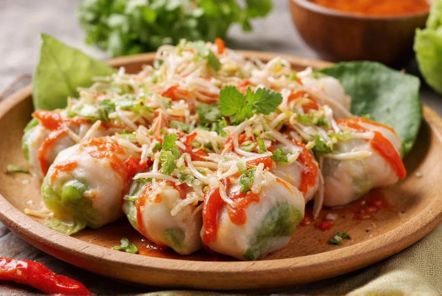 Vibrant Vietnamese summer rolls with chili paste marinated sprouts on bamboo platter