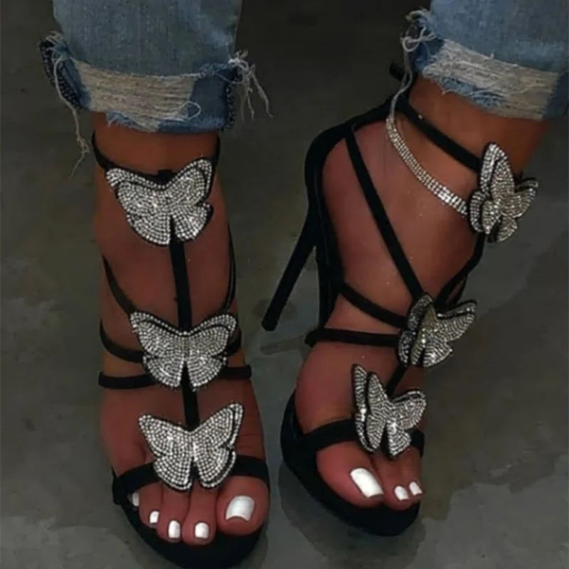 

Bling Diamonds Butterfly Decor Summer Women Sandals Luxury Thin High Heel Shoes Ankle Strap Fashion Roman Sandals Gladiator, Black,gold,silver
