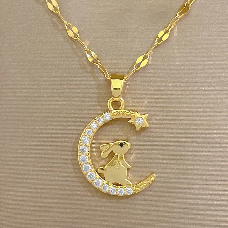 

2023 Gold Plated Moon Necklace Stainless Steel Chain Cute Rabbit Pendant Necklace Crystal Zircon Moon Necklace Jewelry