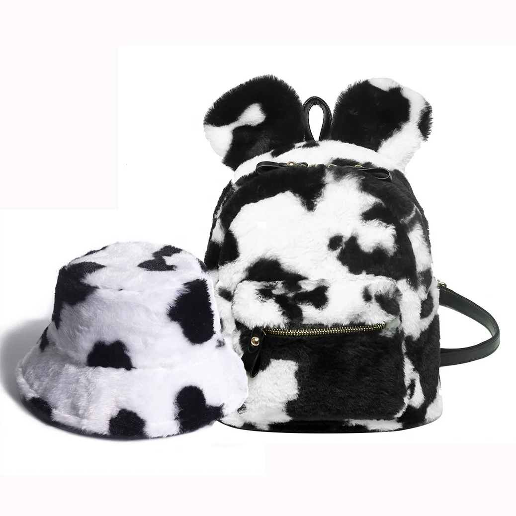 

Pink fur school bags for girls bear ears kids fur small backpack with cute soft hats Cow print fur school bags