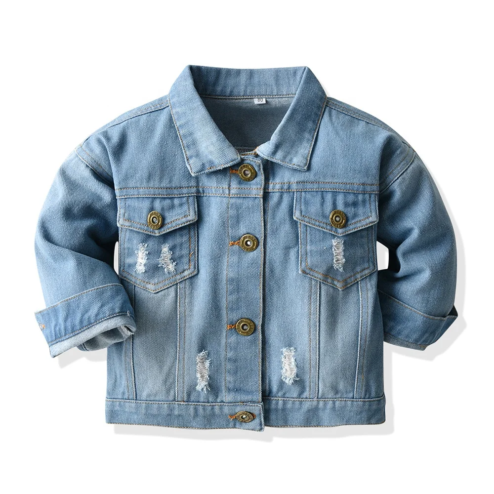 

Spring Autumn Kids Casual Jacket Girls Ripped Holes Jeans Coats Little Girls Denim Outerwear Costume 12M-6Y, As picture