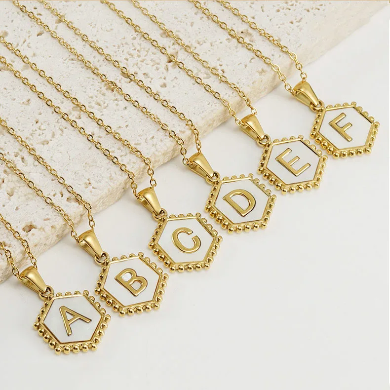 

Waterproof A-Z Initial Necklace 18K Gold Plated Stainless Steel Hexagon Shell Letter Pendant Necklace For Women