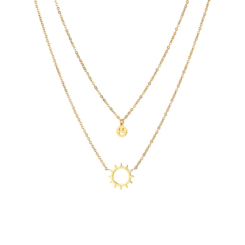 

Sun smiling face double cascade wear necklace titanium steel 18k gold ins cold wind simple pendant clavicle chain