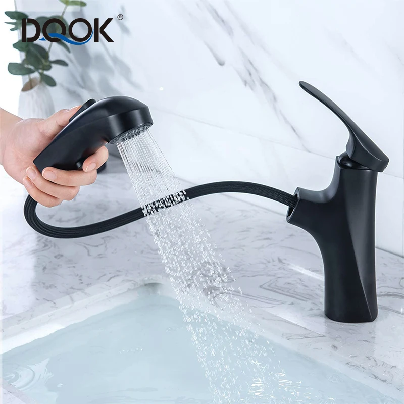 

DQOK New Style Luxury Matte Black Extension Hose Sprayer Bathroom Taps Pull Out Basin Faucets