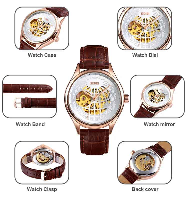 SKMEI 9209 jam tangan rose gold luxury leather mechanical automatic hand wrist watch for men