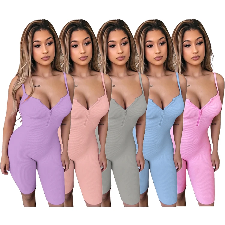 

High Quality Solid Color One Pieces Sleeveless Vest V Neck Sport Shorts Jumpsuit Short Sets Women One Piece Jumpsuit