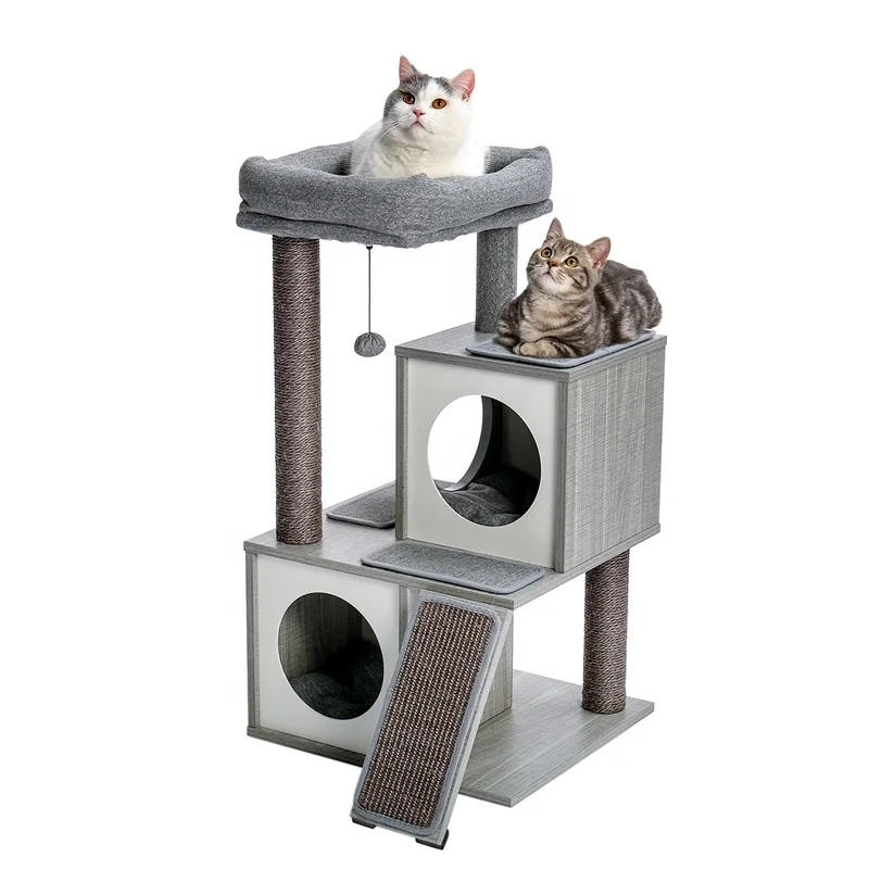

Wood Cat Tree Cat Tower With Sisal Scratching Post Climbing Ladder Grey, Beige,grey
