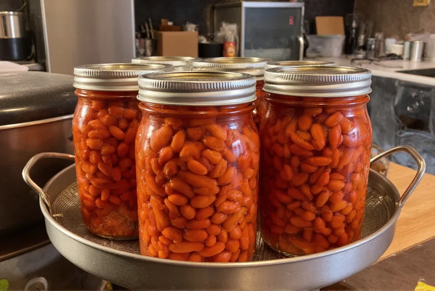 Pressure canner with jars of chili beans showing proper headspace and sealing