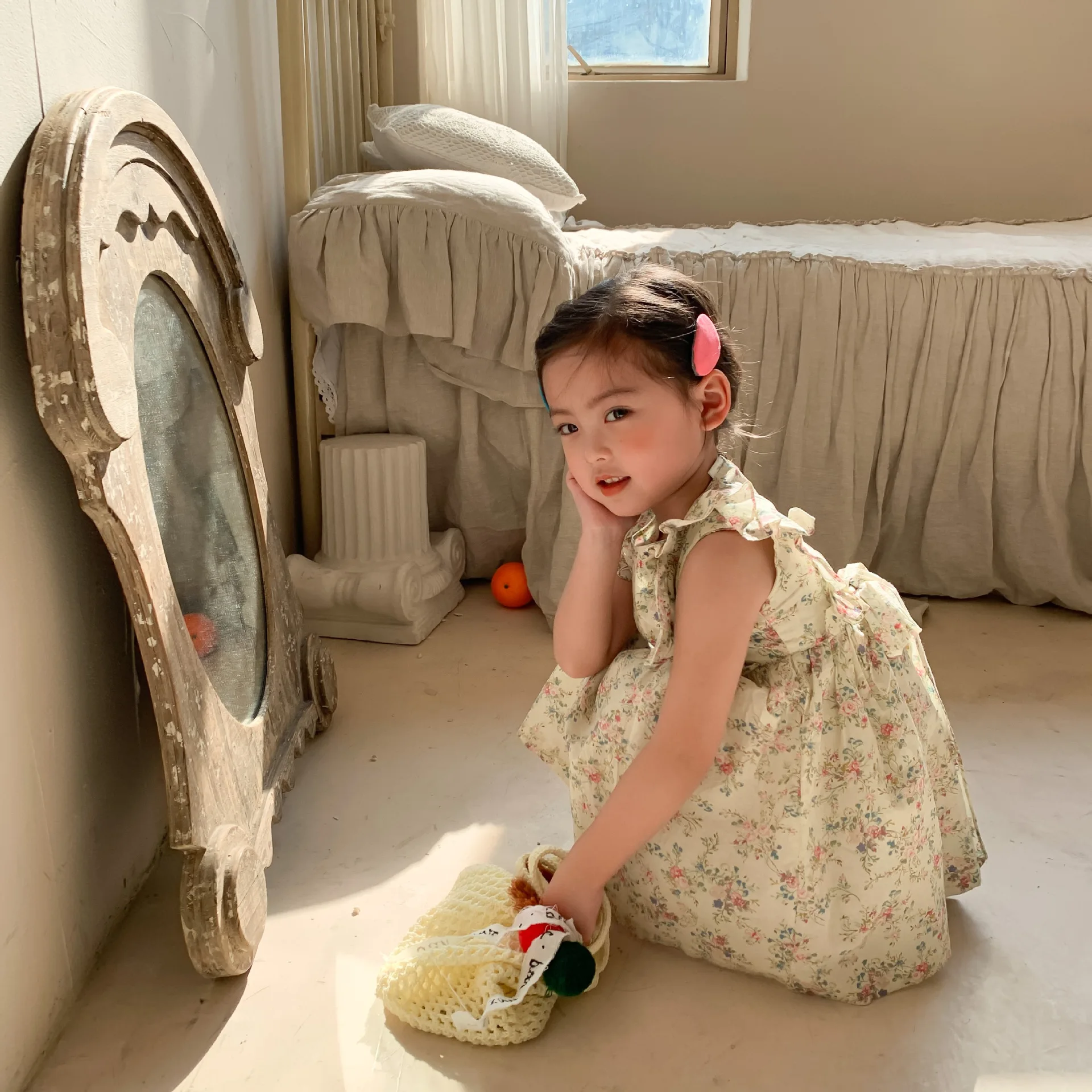 

Girls Summer New Clothes Sweet Pastoral Style Princess Dress Floral Seeveless Girl Dresses