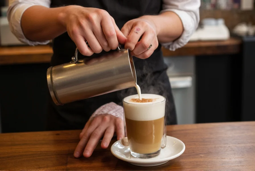 Barista pouring steamed milk into espresso with cinnamon dusting on counter