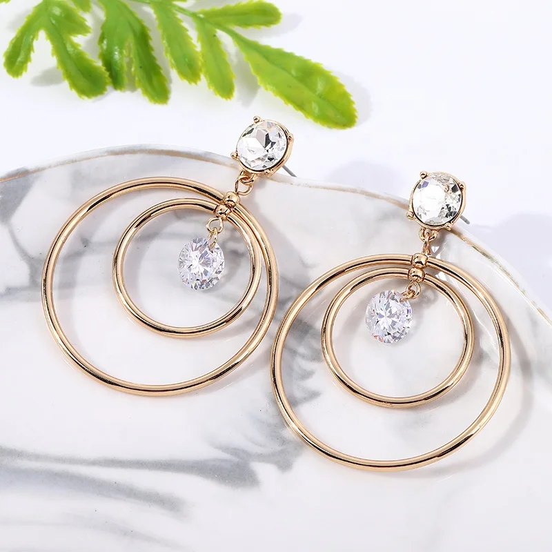 

2021 Fashion Ladies Gold Plated Drop Earrings Double Big Large Hoop Earrings Shiny Zircon Earrings