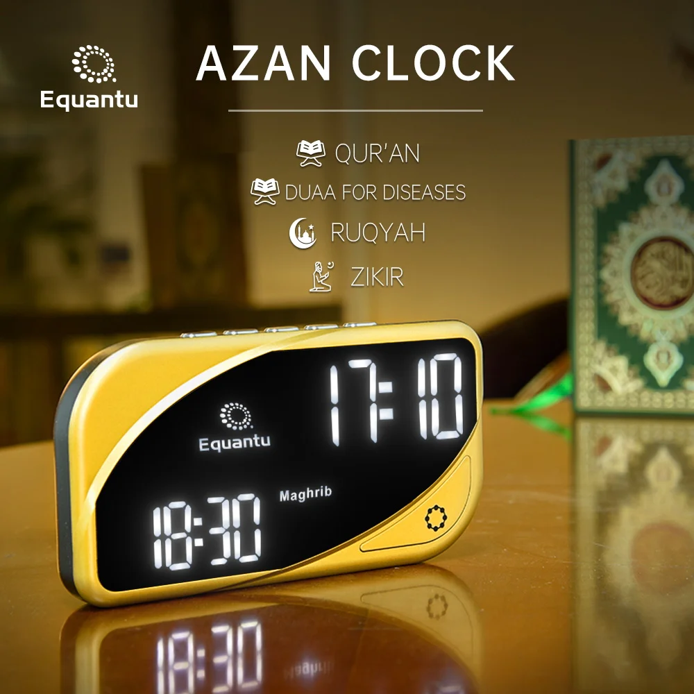 

Equantu qurna prayer counter one click set azan al digital quran player zikir al harameen azan clock blue tooth quran timer, Black and gold