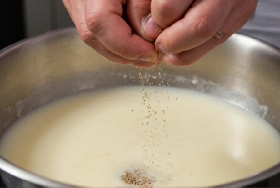 Chef's hands sprinkling ground white pepper into a creamy white sauce in a stainless steel pan