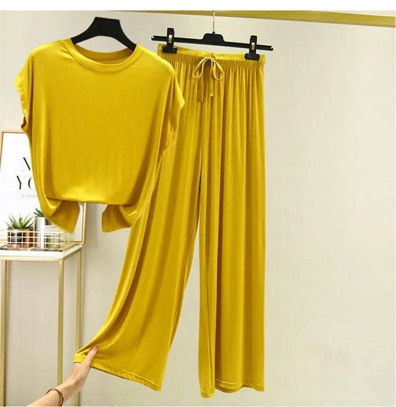 

New Arrivals Casual Loose Solid Plain Color Two Piece Pants Set Short With Slit Tops Womans 2 Piece Set Summer Clothes Ladies