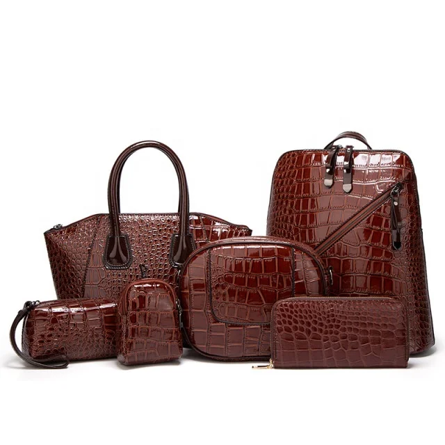 

Hot Sale Women Shoulder Tote Bag Crocodile pattern Leather Handbag 6 piece set, Red, black, brown