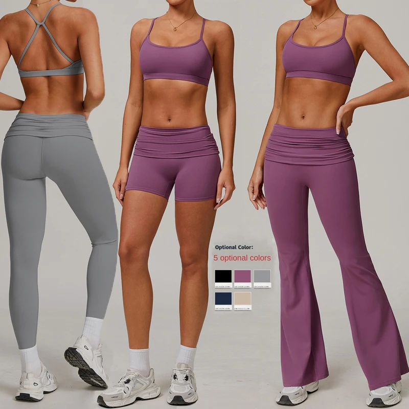SHINBENE 4Pcs Crop Bra Sets Women Spaghetti Straps Bra Gym Foldover Waist Shorts Leggings Outfits Sportswear
