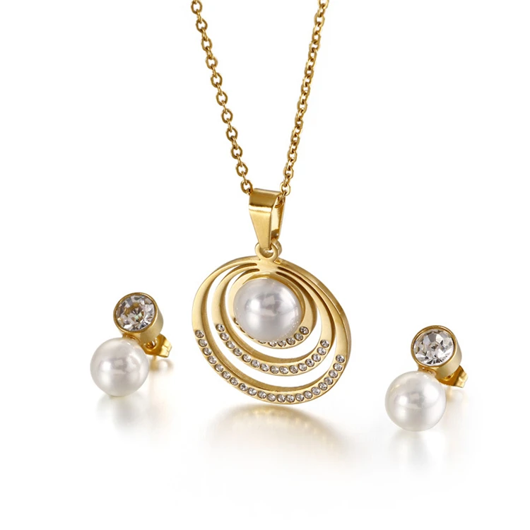 

Popular Famous Crystal Round Stainless Steel Pearl Earring Necklace Set