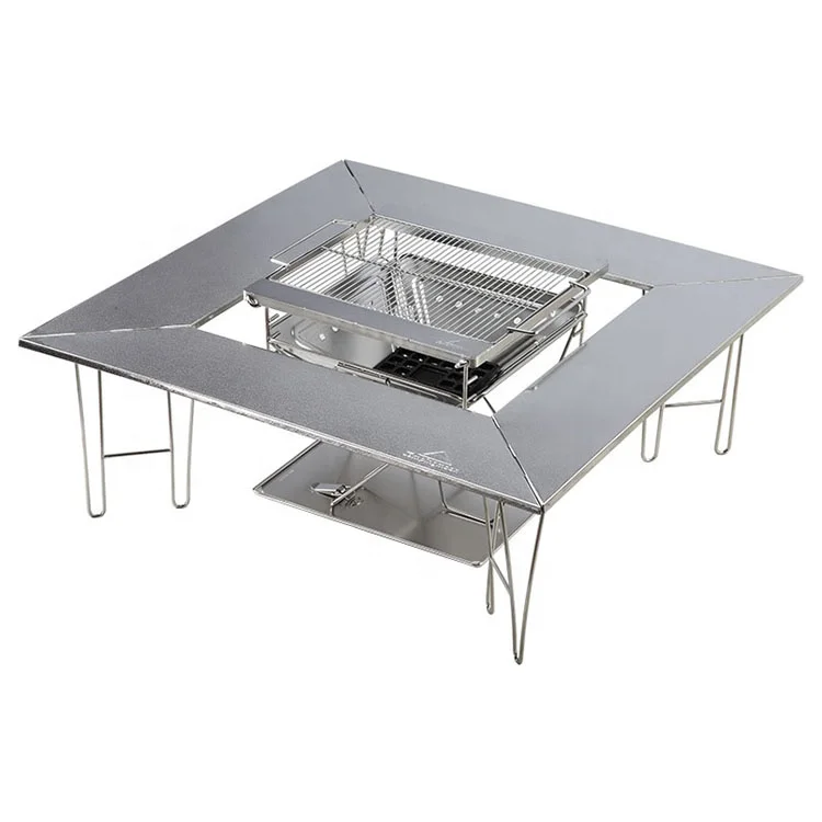 

2 Way Usage Outdoor Folding Stainless Steel BBQ Table Collapsible Brazier Fire Pit Fireplace Square Barbecue Table