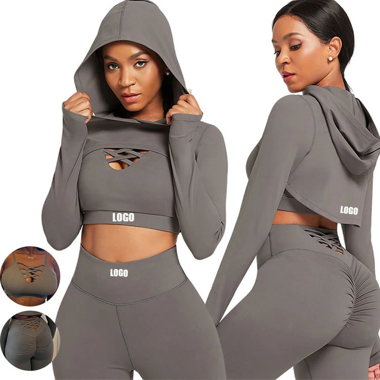 

Wholesale Ropa Athleisure Fitness Clothing Women Gym Clothes Sport Hoodie Yoga Suit Butt Lift Women Long Sleeve 3 Piece Yoga Set