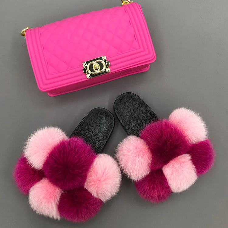 

2021 fashion luxury furry real fox fur pom pom slippers and purses women purse and fur slides set, Customized color