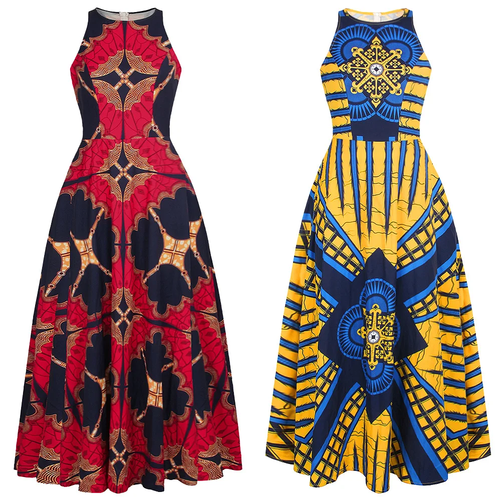 

New style digital printing women's round neck sleeveless dress African style nightclub big swing skirt summer dress, Accept customized color