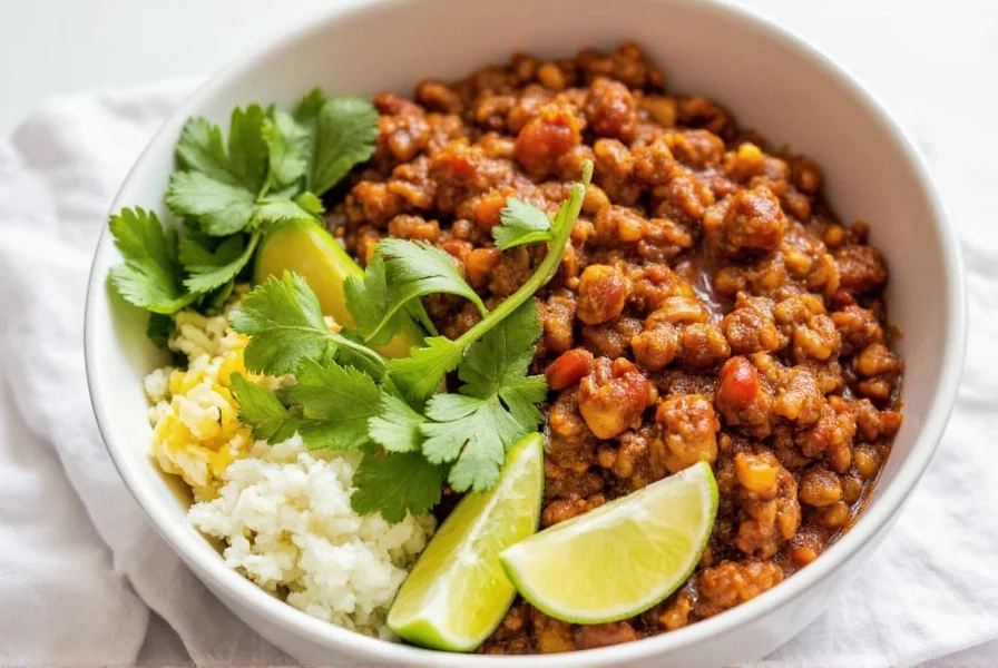 Finished ground chicken chili served in bowl with toppings including avocado, cilantro, and lime wedges