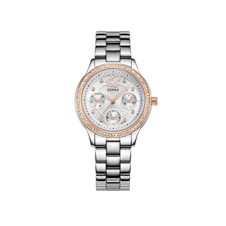 

OEM Customized logo all Stainless Steel chronograph Luxury rose gold +Sliver women watch Wristwatch