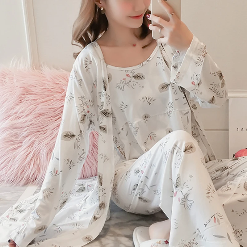 Custom HIgh Quality Multicolor Full Length sleepwear lady night 3pcs Cami Pajama Set With Robe
