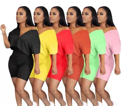 

Short sets women two piece summer solid outfit t-shirts sexy off shoulder crop top