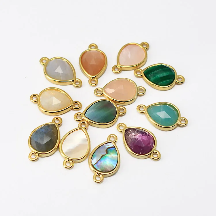

JF8712 Dainty Gold Plated Faceted Natural moonstone Semiprecious Stone Gemstone Teardrop Bezel Two Ring Connector, Green,pink,white,pyrite,peach