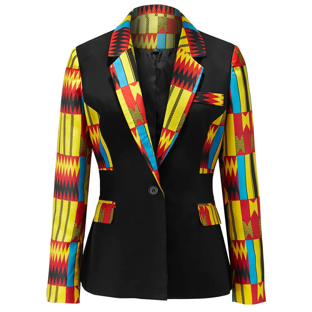 

Women's blazer with colorful circle print, long sleeve button-down belt