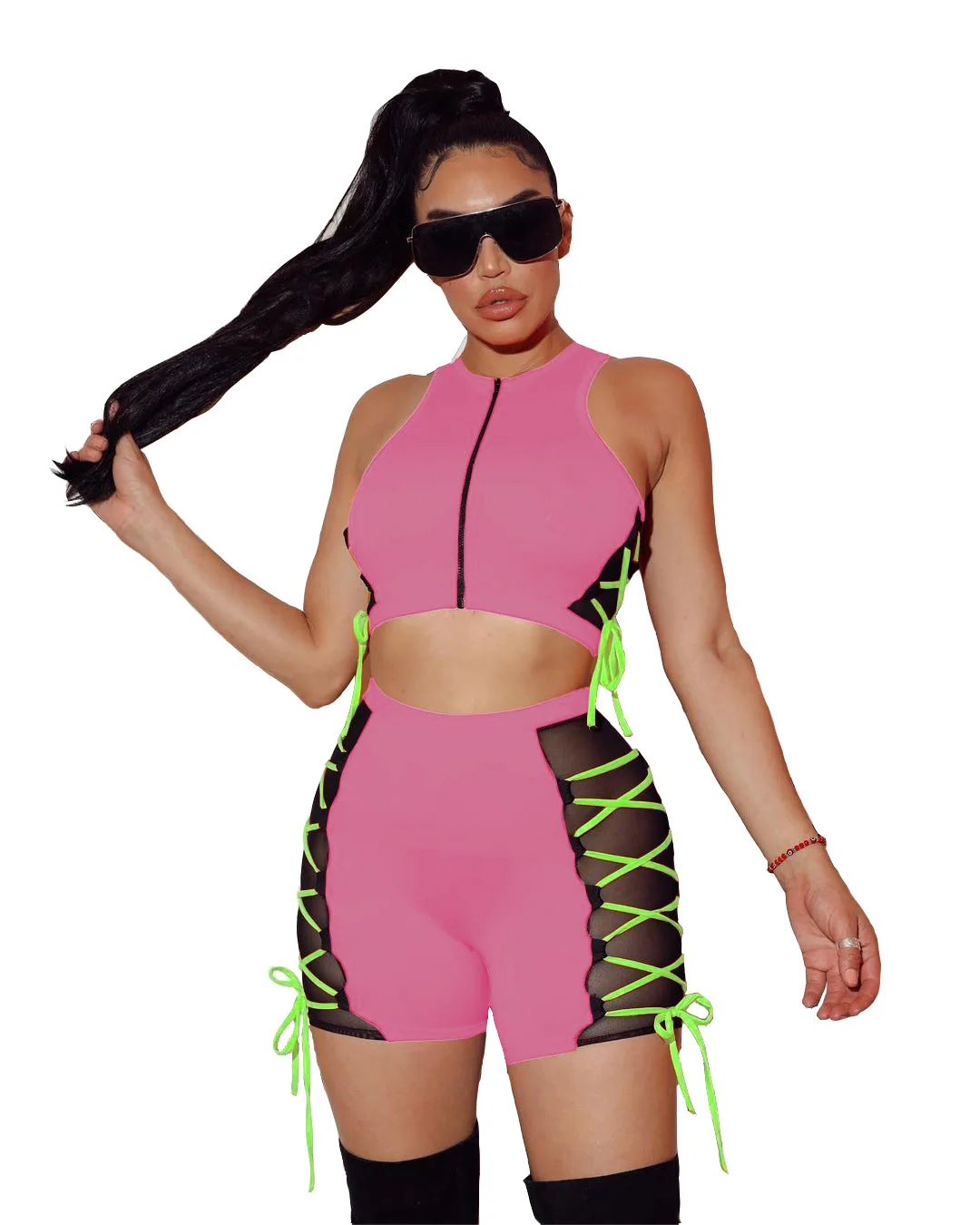 

M043 New collections lace up sexy women two piece short sets sleeveless see through summer outfits 2021 crop top 2 piece sets