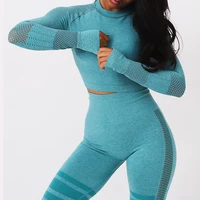 

Women seamless workout yoga gym fitness long sleeves top mesh leggings shark sets
