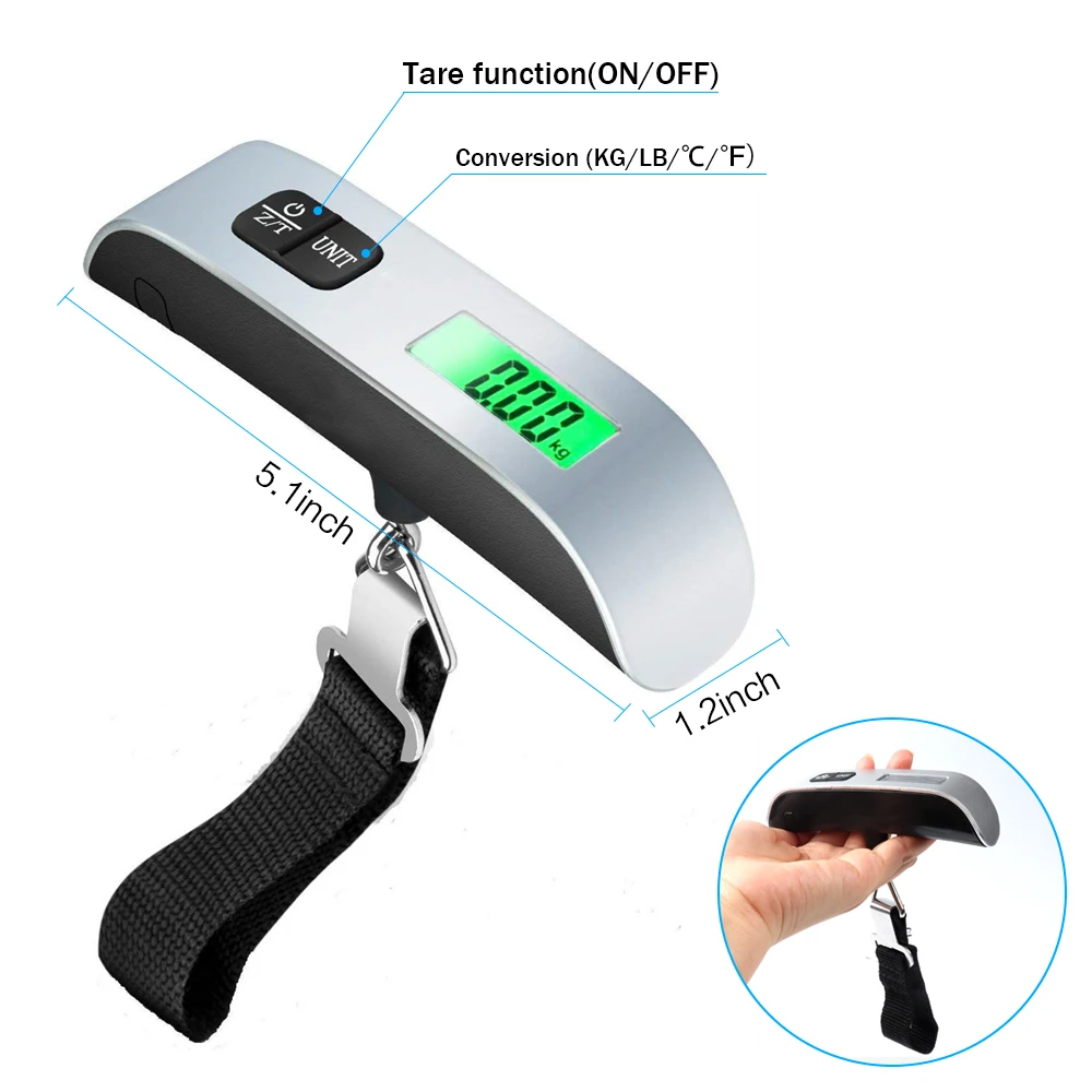 

A12-0001 Digital Luggage Scale Hanging Weighing 50kg 110lb Pocket Size Linear Luggage Household Scales