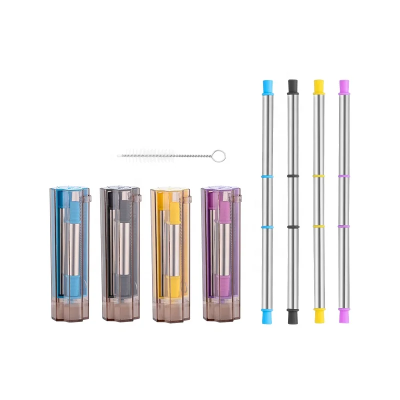 

OEM ODM wholesale collapsible metal reusable portable stainless steel reusable silicone metal drinking straw, Yellow, pink, blue,grey