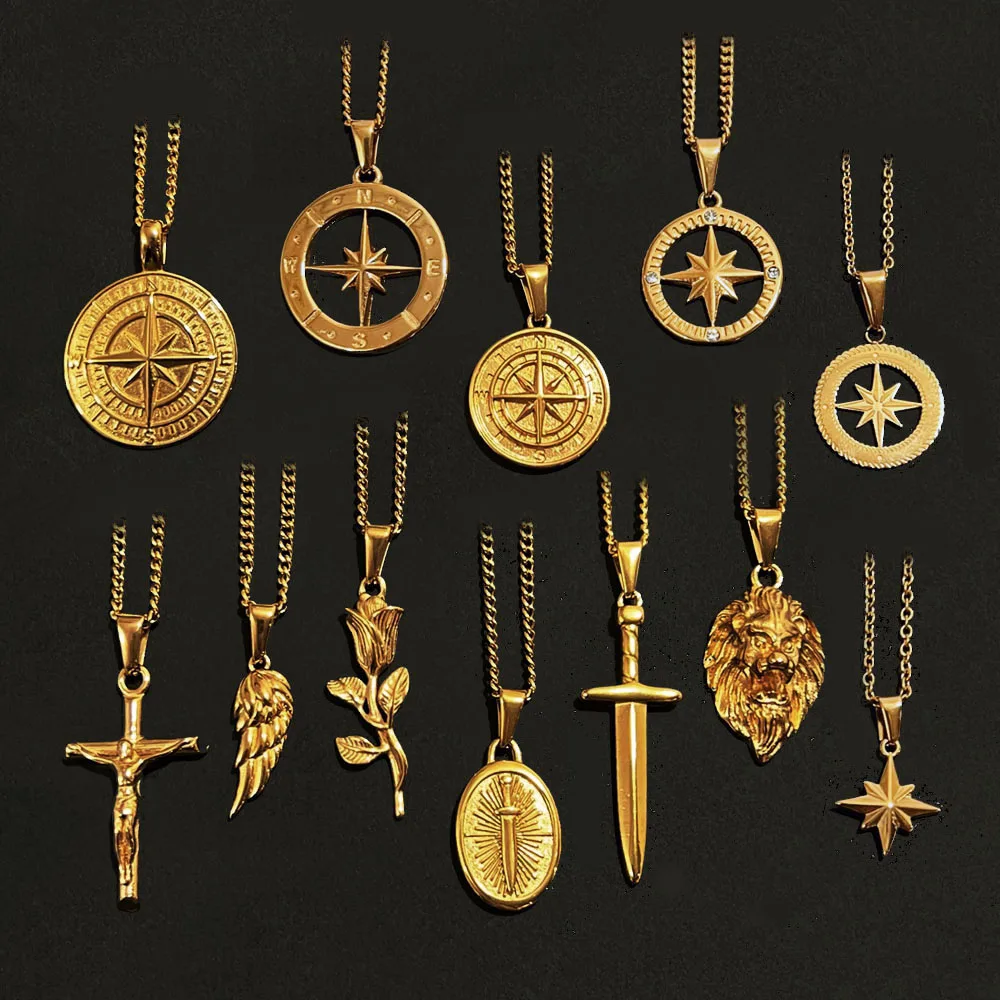 

Boho Rose Flower Jewelry Lion Head Sword Compass Necklace Stainless Steel Tarnish Free Gold Jesus Cross Crucifix Necklace