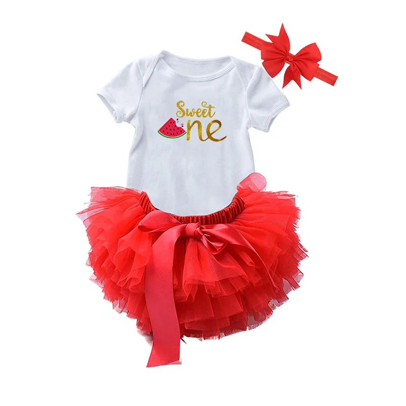 

Summer 2021 One Two Three Birthday Party Clothing Set 3pcs 100% Cotton Romer Tutu Headband Baby Girls Watermelon Outfit DGRT-185