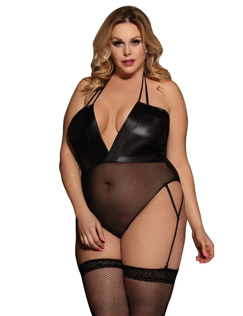 

Plus Size Black PU Leather Erotic Underwear Bodysuit Sexy Lingerie