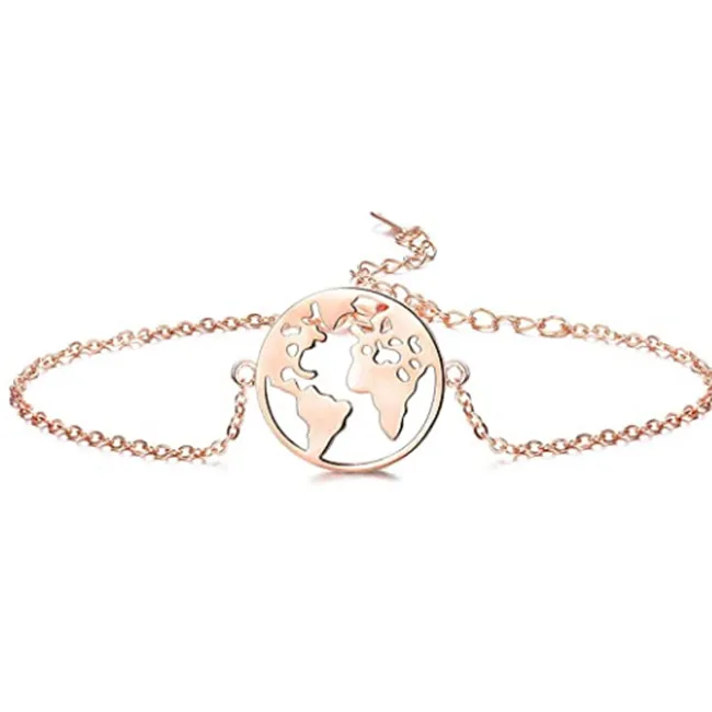 

14K Gold Plated 925 Sterling Silver World Map Anklet Adjustable Women Men Round Earth Globe Pend Smart Wristband Bracelet