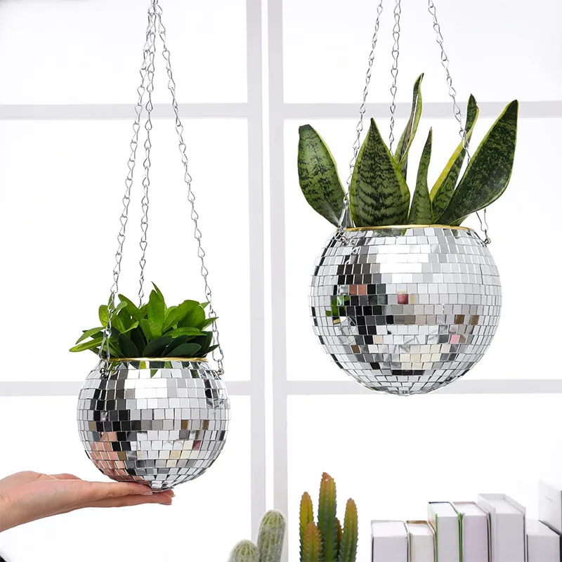 

Silver Rose Gold 6 inch 8 inch disco mirror ball planter With Chain Macrame Rope Indoor Outdoor Garden balcony Decoration