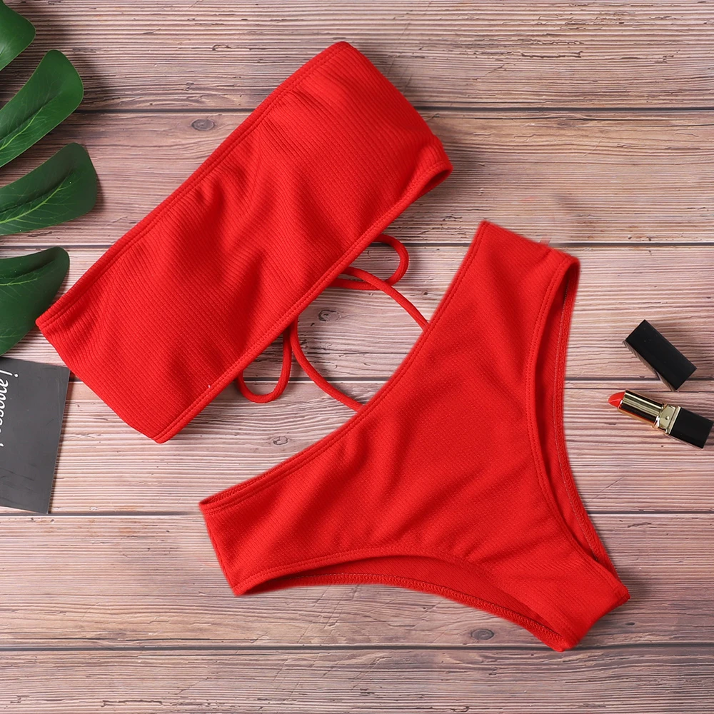 

2020 New High Waist Strapless Sexy Bikini Swimwear Women Swimsuit Padded Bathing Suit Monokin Pure Color